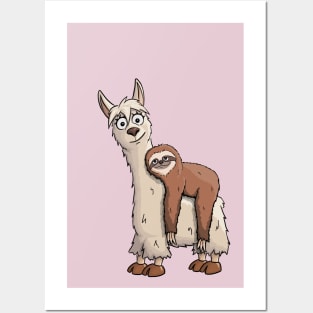 Cartoon Sloth Riding Llama Posters and Art